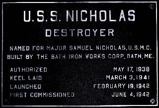 USS Nicholas data plate