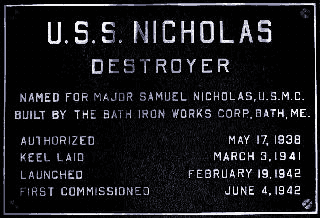 USS Nicholas builder's plate